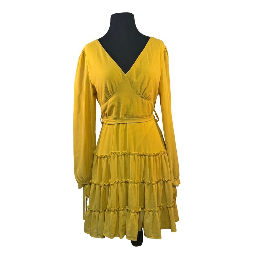 Mustard Yellow Wrap Dress By Shein  US 6 Medium Tiered Ruffle Skirt Long-Sleeve